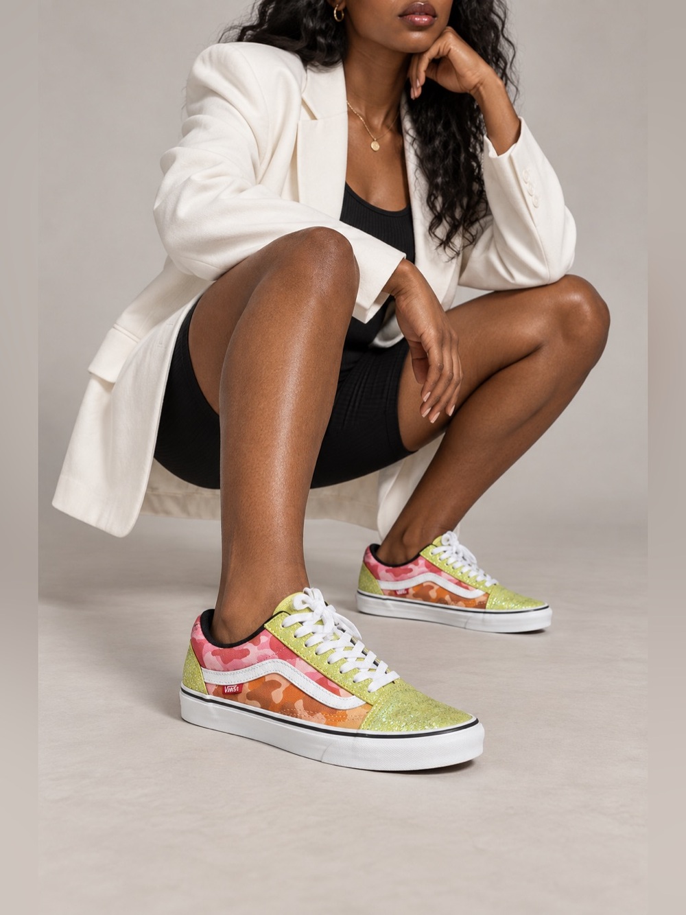 CUSTOM VANS OLD SKOOL GLITTER CAMO SNEAKERS – WOMEN’S 9